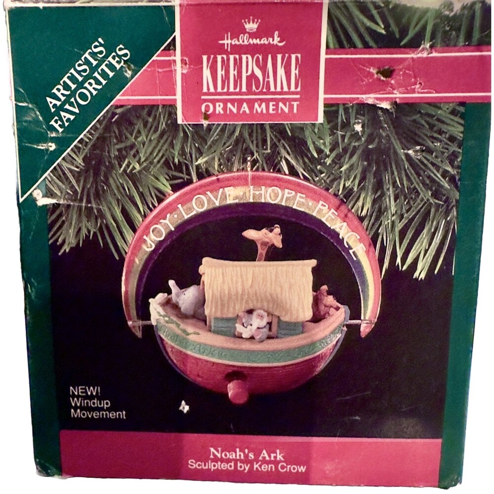 1991 Noahs Ark Hallmark Ornament Windup Motion Rainbow Joy Love Hope Peace VTG